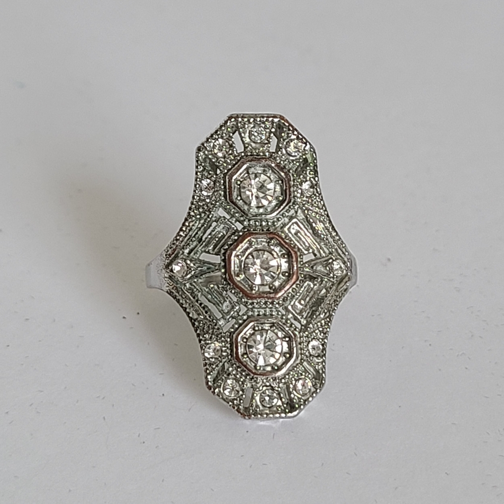 Vintage Art Deco Boho Silver Tone Rhinestone Crystal Full Finger Statement Ring